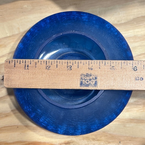 Cobalt Blue Crackle Art Glass Rose Bowl Vase Satin Frosted Round Bud Candle - Picture 11 of 11